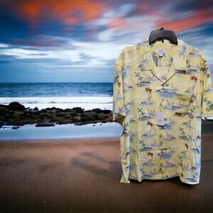 Croft & Barrow Mens XL Rayon Hawaiian Print SS Yellow Sailboats Camp Shirt